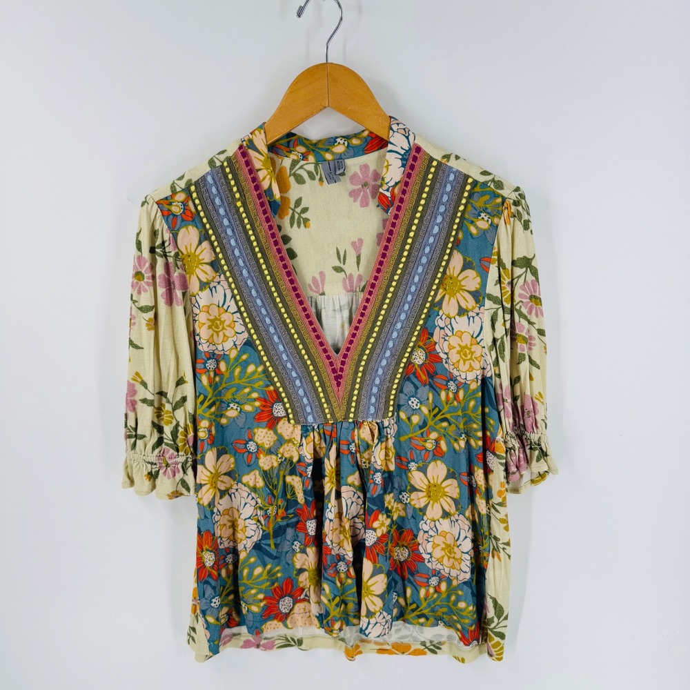 Bohemian Floral V-Neck Peasant Blouse - Multi